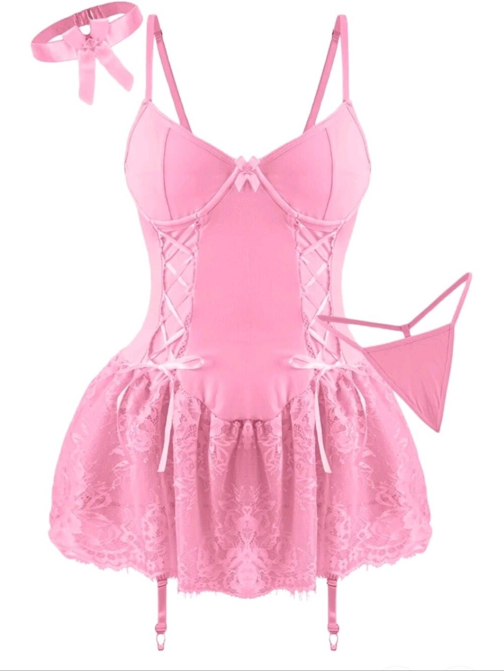 Pink Lace Babydoll Chemise with Garter and Thong And Stockings XL